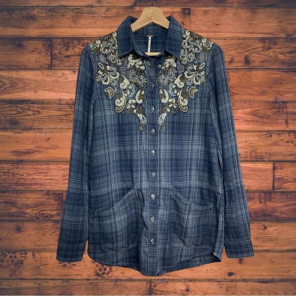 Free People Stevie's Embellished Plaid Buttondown XS - Picture 2 of 8